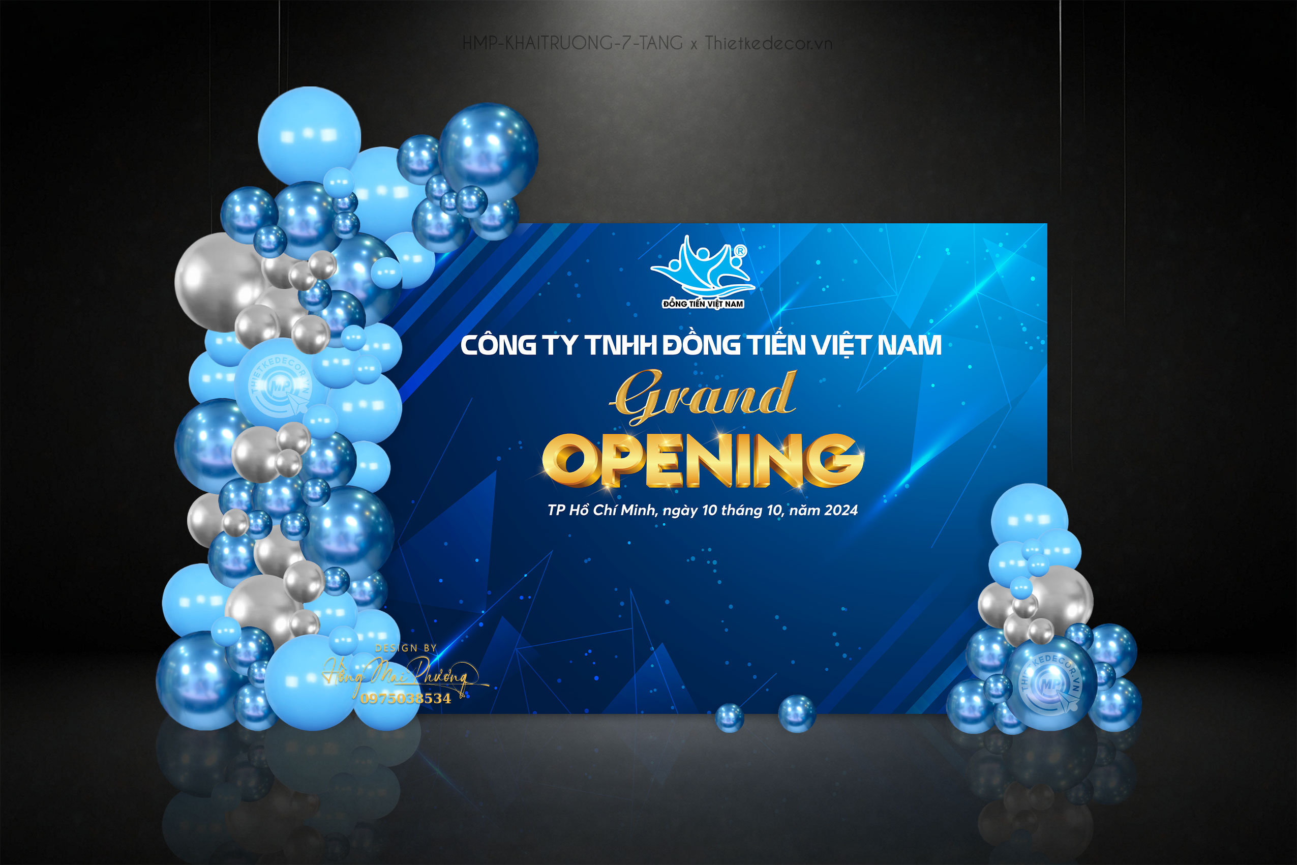 Backdrop khai trương công ty tone xanh sang trọng